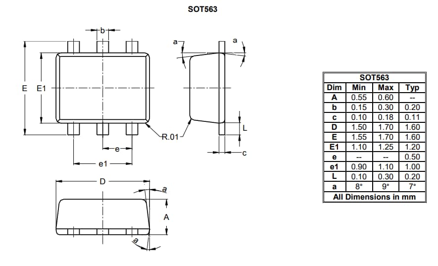 Plan mécanique - Diodes Incorporated MOSFET à mode d'amélioration à canal N DMN52D0UVA